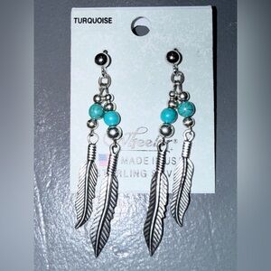 Sterling Silver Feather Earrings with Turquoise Beads